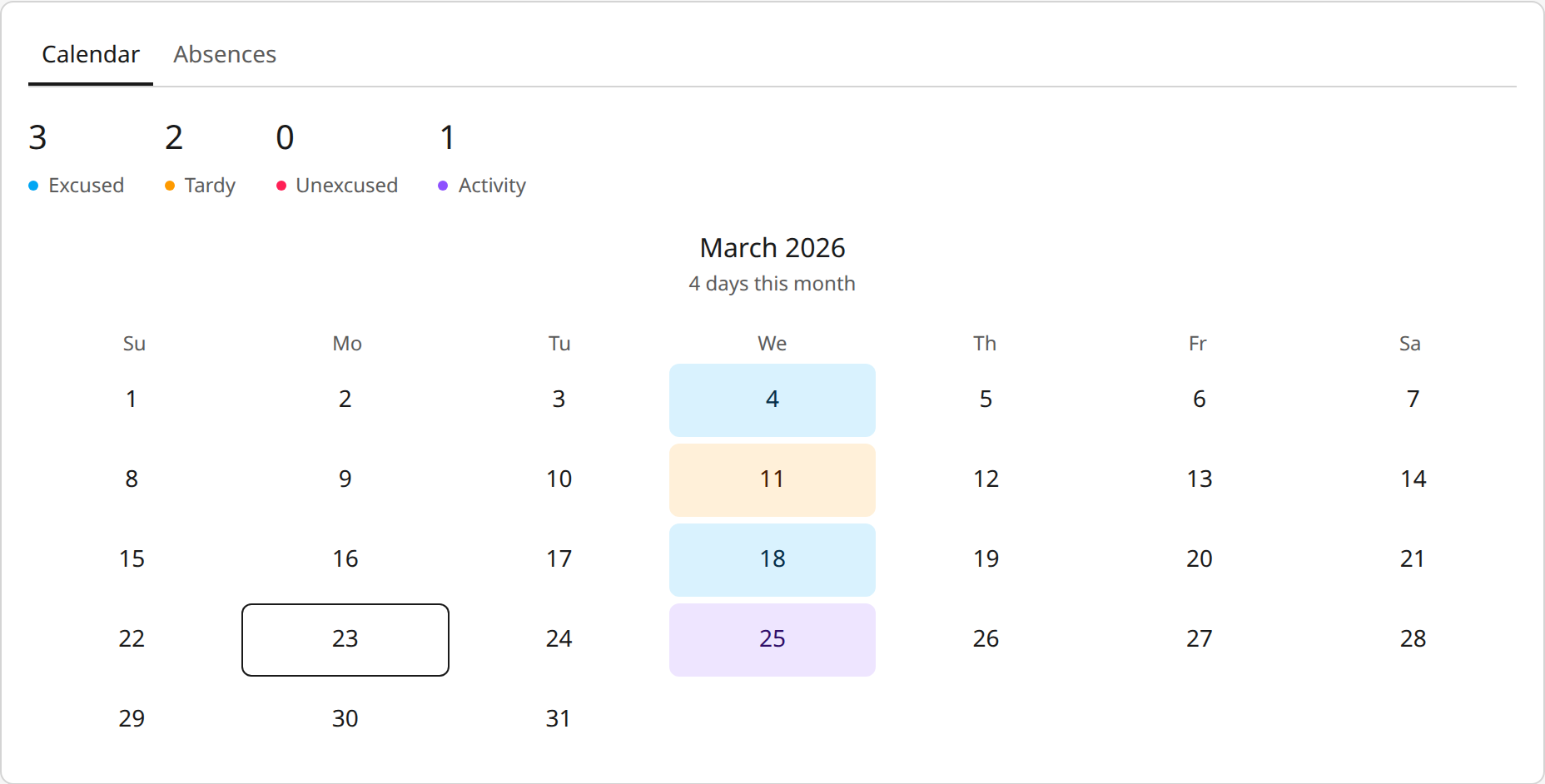 Attendance calendar with excused, tardy, and activity days