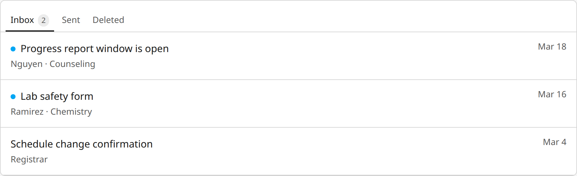 Inbox with unread school messages